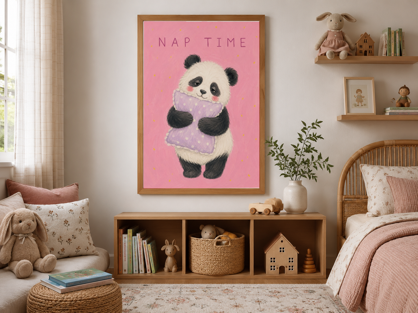 Ahşap çerçeveli nap time panda sanat eseri, doğal tonda çocuk yatak odasının ana dekorasyonu.