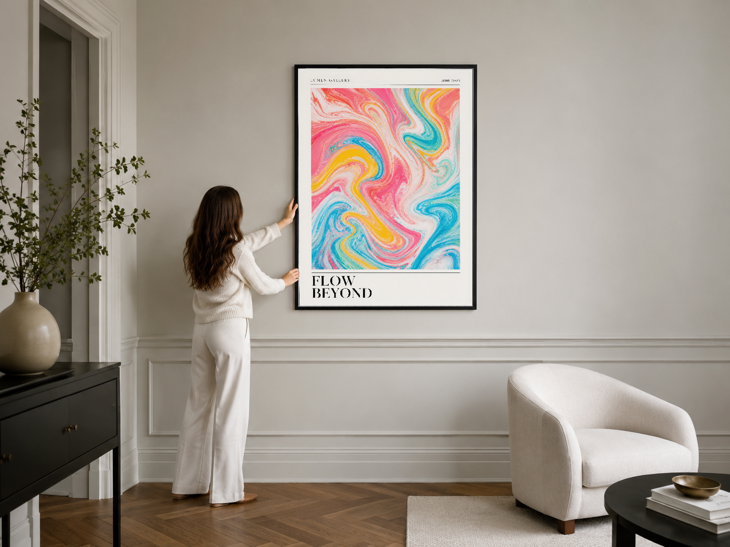 Renkli sıvı sanat eseri, siyah çerçevede, şık modern duvar dekorasyonunda zarif sunuluyor.