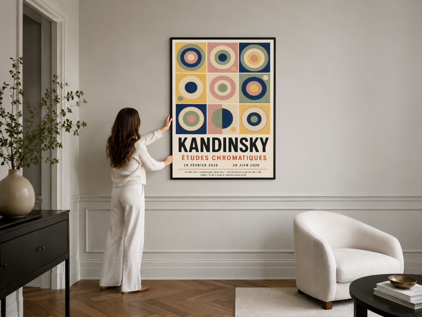Modern oturma odasında siyah çerçeveli Kandinsky tablosu, renkli geometrik formların sofistike dekorasyonu.