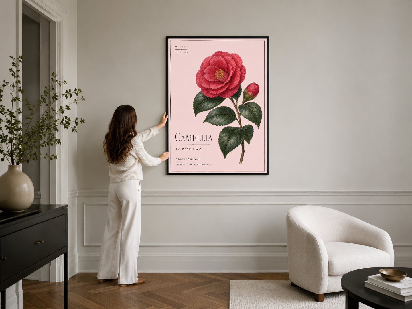 Botanik kamelya çiçeği poster, siyah çerçeveli olarak modern minimalist iç mekanı sofistike biçimde tamamlıyor.