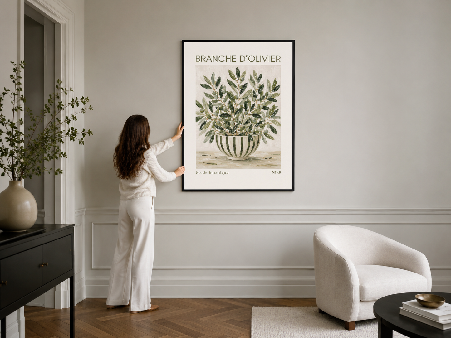 Zeytinyağı bitki sanat eseri, siyah çerçeveli, modern salon duvarında.