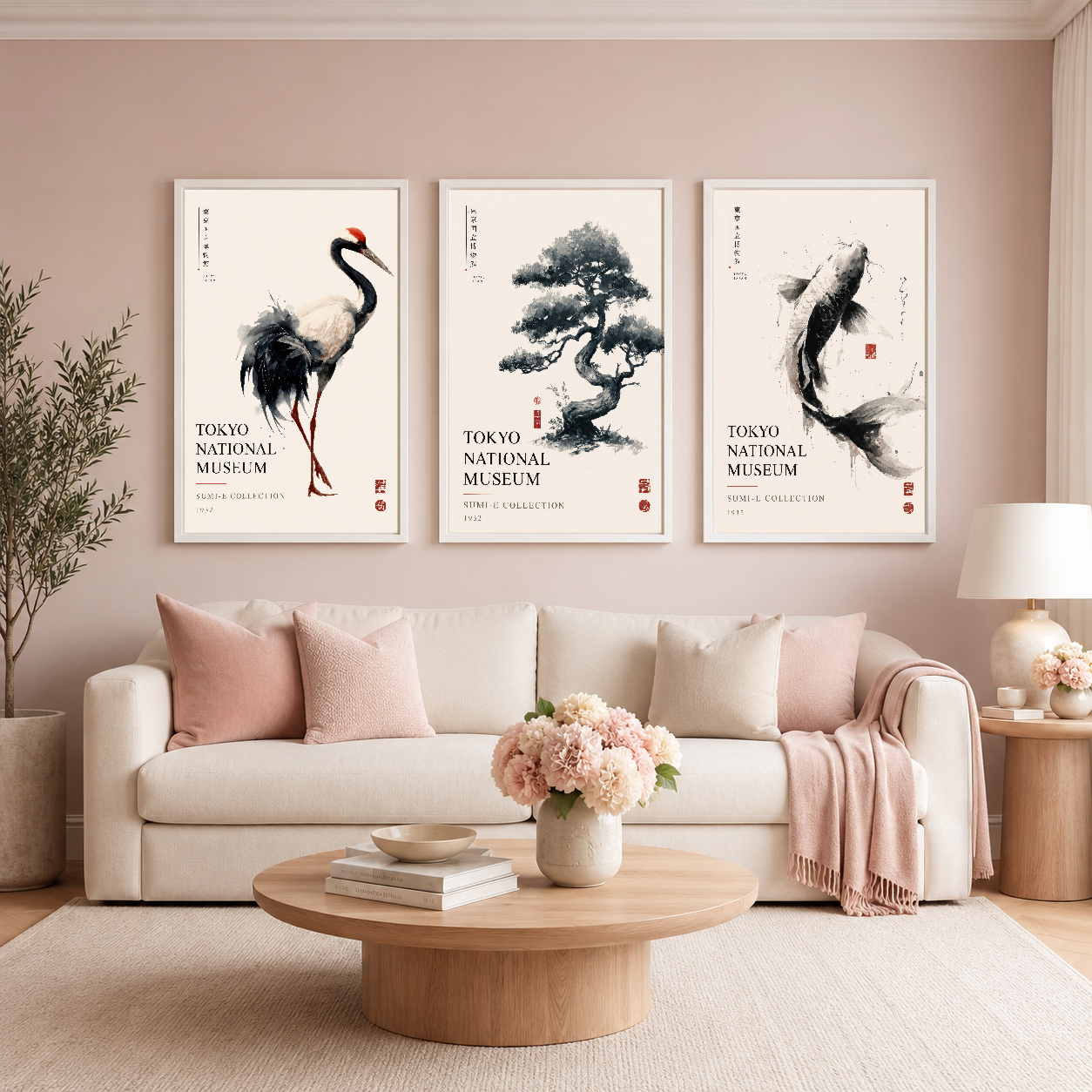 Beyaz çerçeveli üç panel tablo, pembe aksentli oturma odasında klasik Japon sanatı temasıyla modern iç mekanı tamamlayan