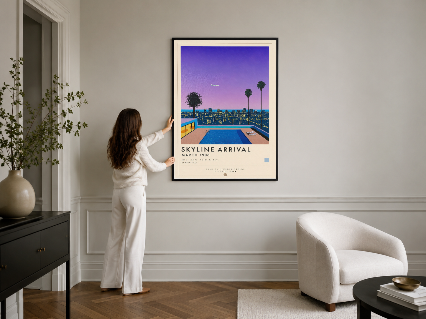 Siyah çerçeveli vintage LA şehir posteri, modern iç mekanda zarif duvar dekorasyonu.