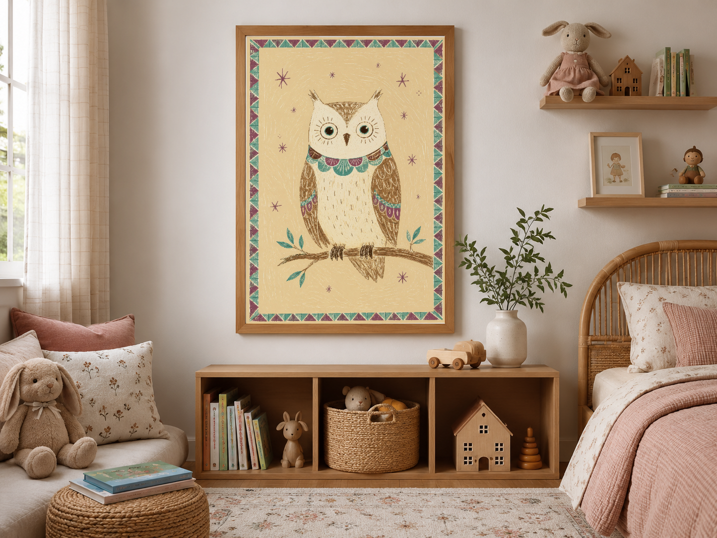 Ahşap çerçeveli boho baykuş posteri, sıcak tonda çocuk odası dekorasyonunda doğal güzellik yayan sanat eseri.