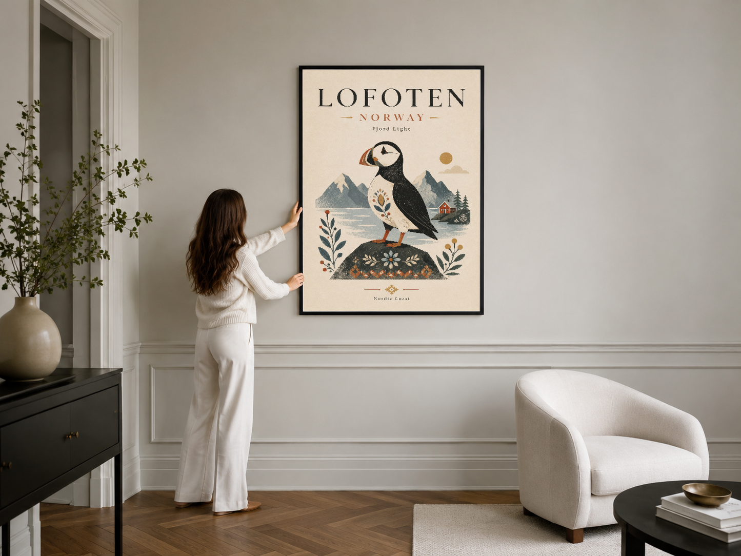 Siyah çerçevede papağan görseli ve kış dağlarıyla bezeli, modern minimalist dekorasyon için ideal poster.