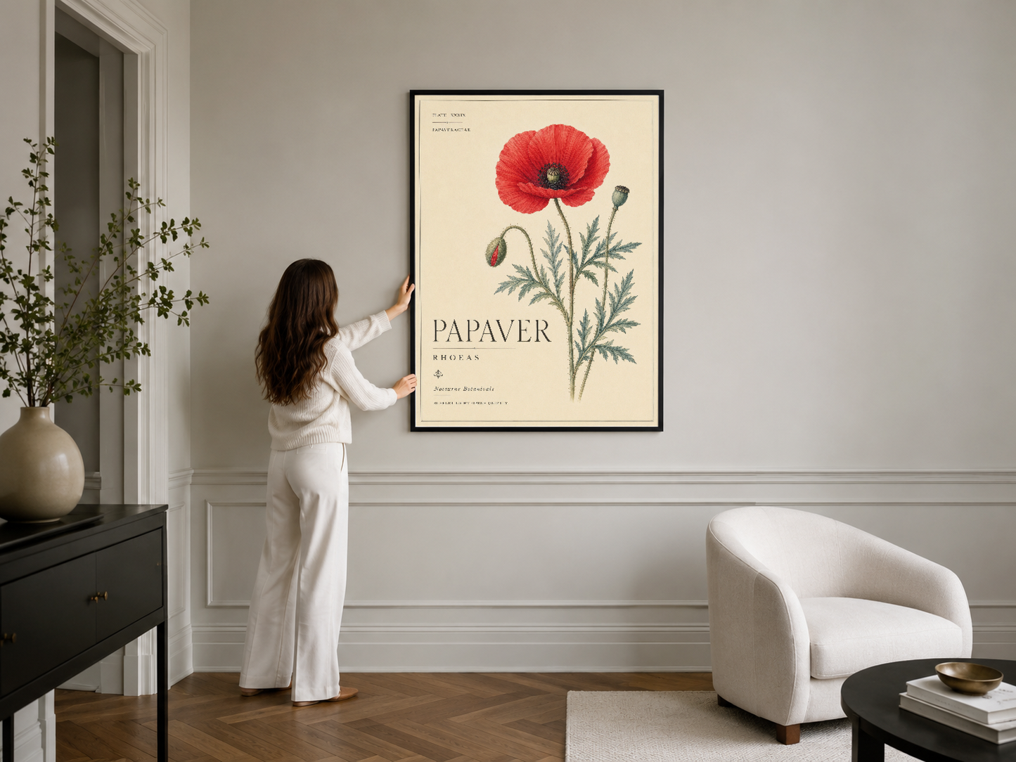 Botanik haşhaş tasarımı, siyah çerçeveli poster, modern oturma odasının duvarında dekoratif sanat eseri.