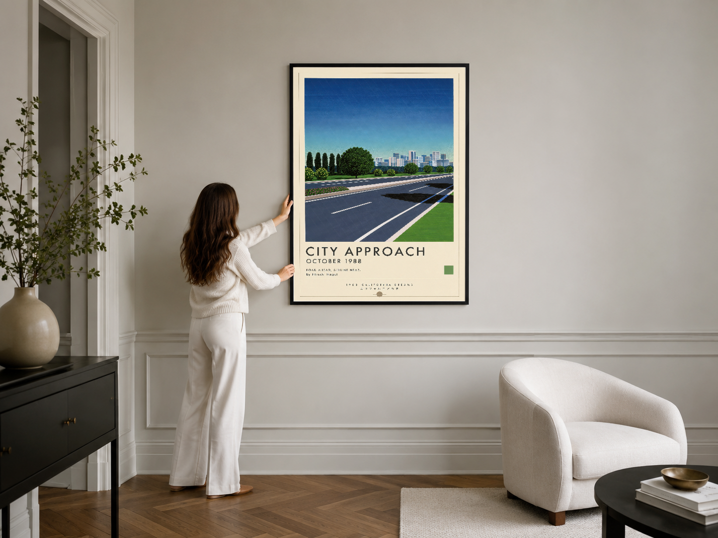 City Approach posteri, siyah çerçeveleme ile modern odada, geniş cadde ve yeşil alan konusuyla dekoratif tasarım.