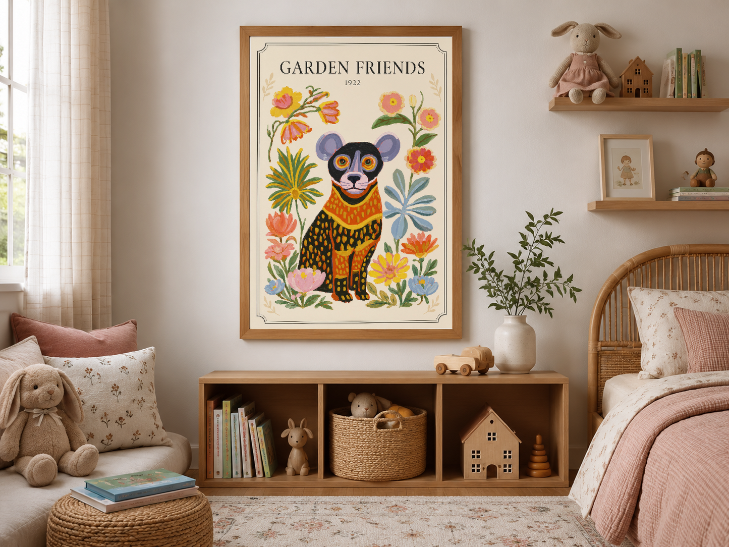 Ahşap çerçeveli Garden Friends posteri, doğal ahşap mobilyalar ve bitkileriyle çocuk odasının merkezi dekorasyon öğesi.