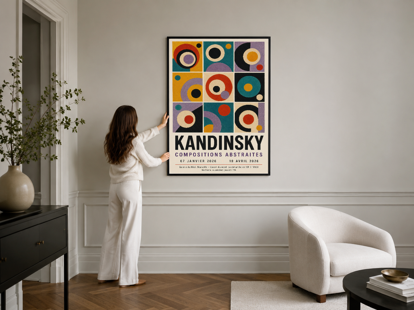 Kandinsky soyut sanat tablosu, siyah çerçeveli, modern iç mekan duvarında renkli geometrik tasarımıyla görsel etki yaratır.