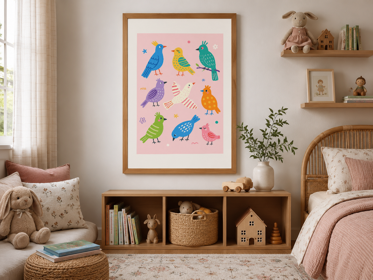Ahşap çerçeveli, pembe arkalanda renkli kuş motifleri ile dekoratif çocuk odası posteri.