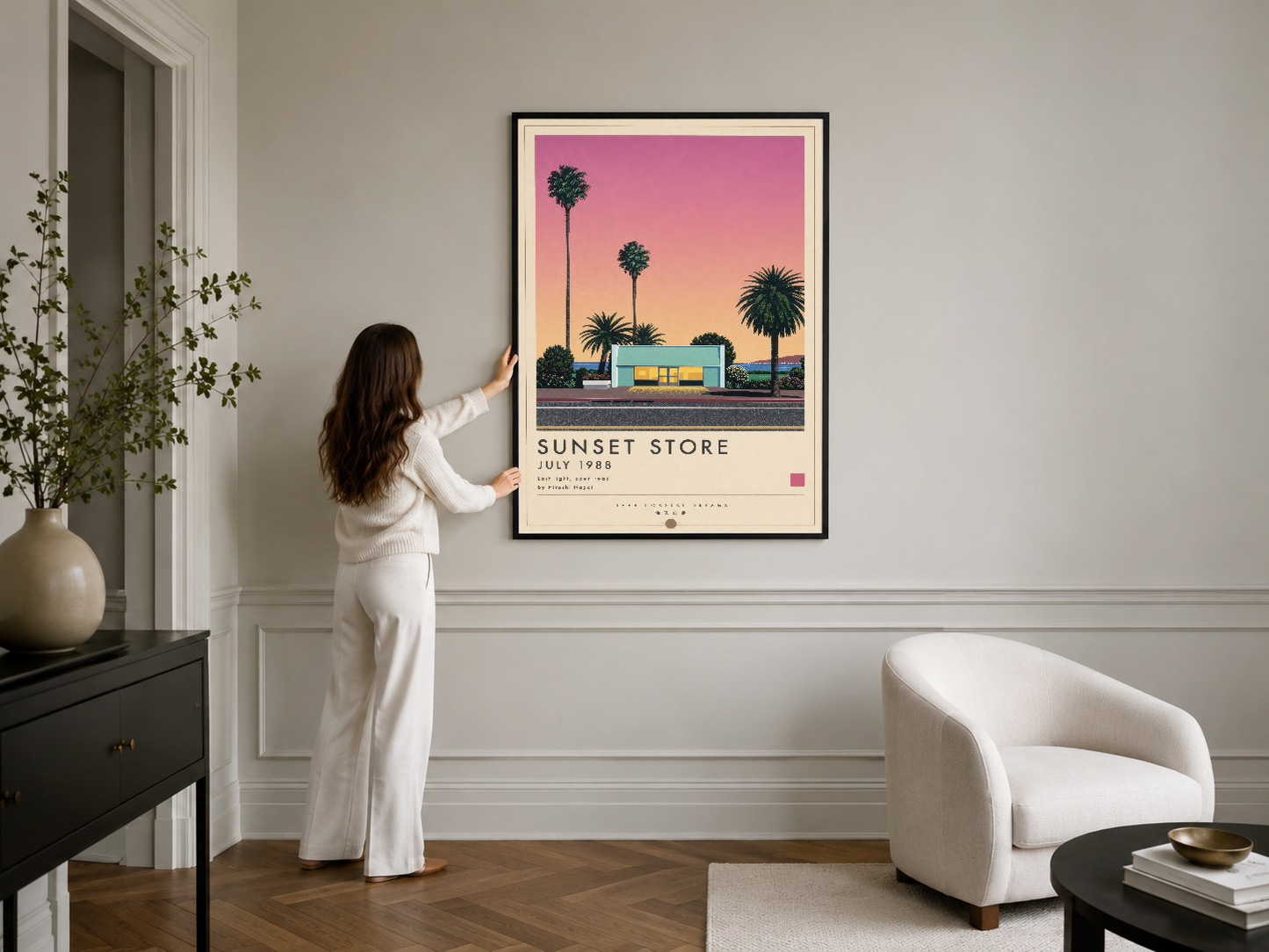 Palmiye ve retro dükkan motifleriyle bezeli Sunset Store posteri, modern ev dekorasyonunda siyah çerçeve içinde sanat