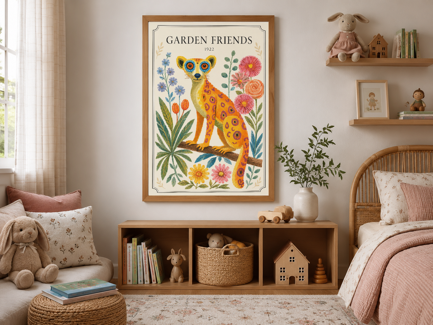 Sarı leopar ve çiçek desenleri içeren çerçeveli sanat tablosu, ahşap çerçeve ile sıcak çocuk odası dekorasyonunda yer alıyor.