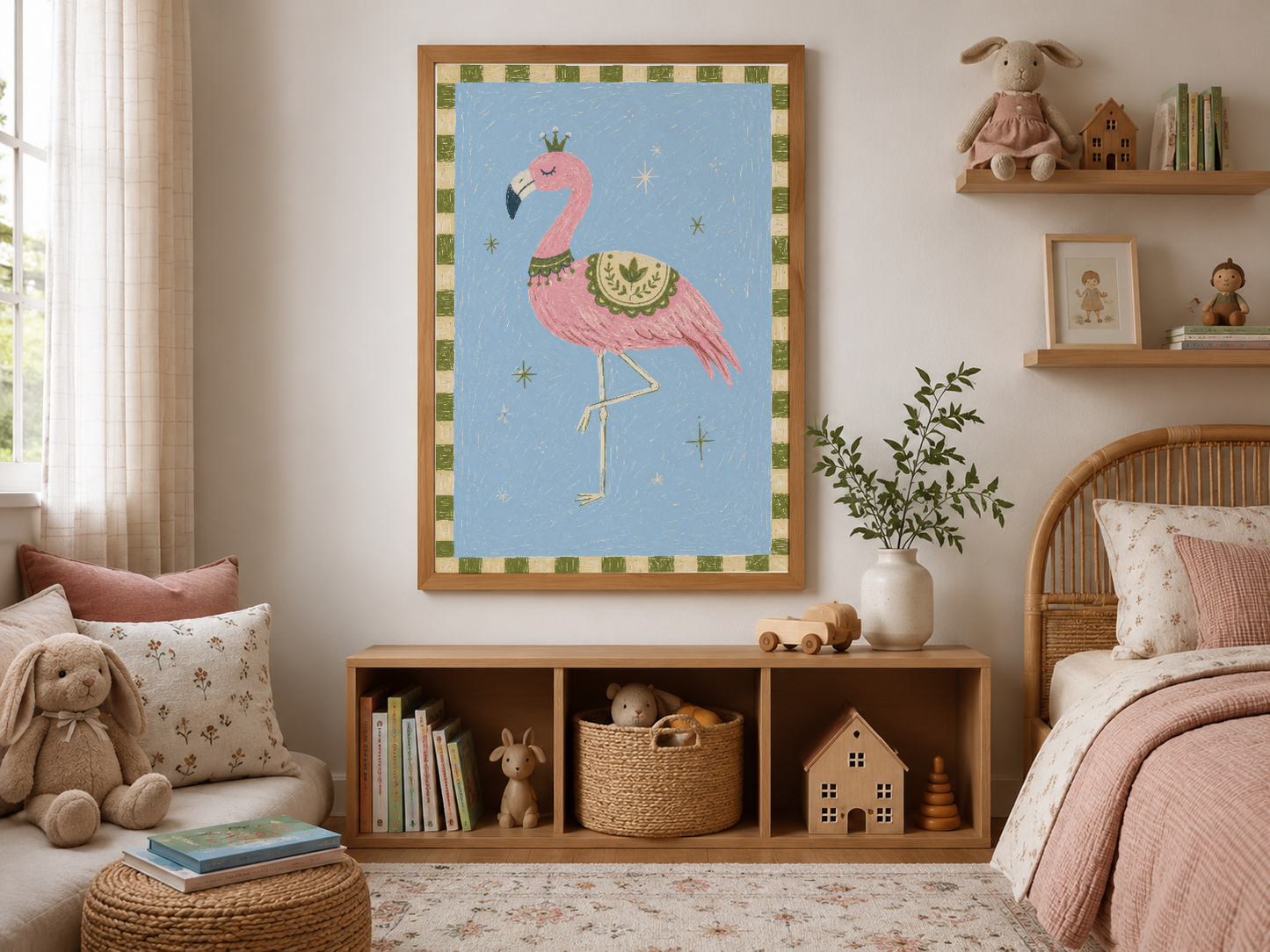 Ahşap çerçeveli flamingo posteri, doğal dekorasyonlu çocuk odasında sıcak bir atmosfer yaratıyor.