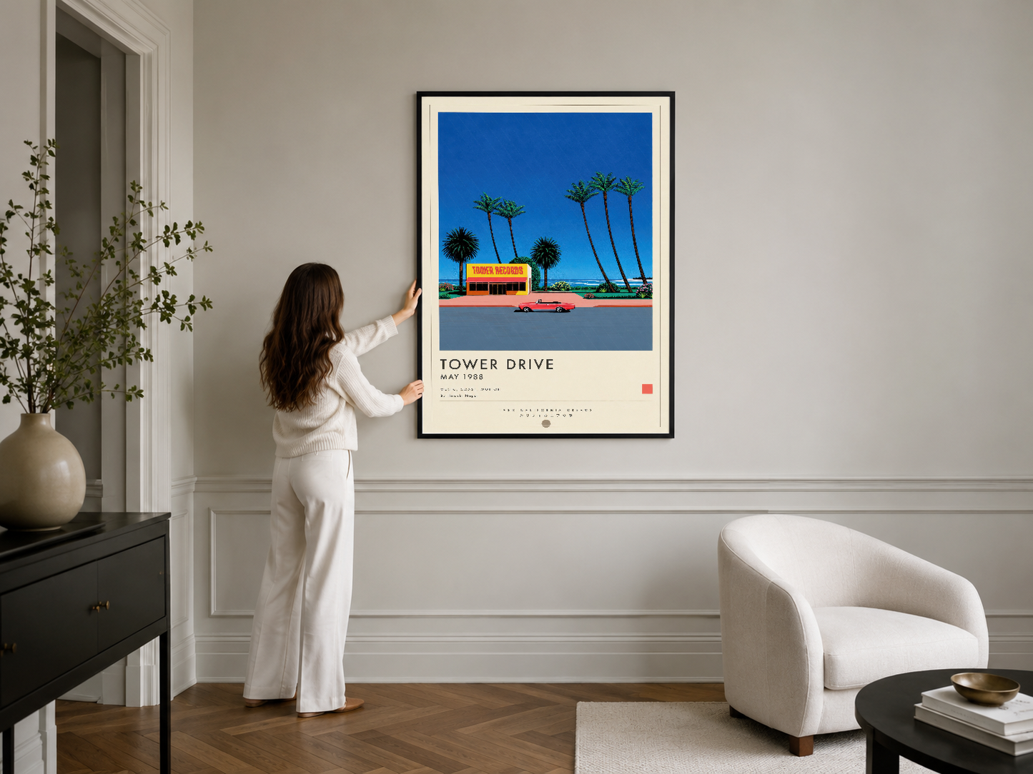 Tower Drive poster, dönem mimarlığı hissi veren göz alıcı mavi tonları ve vintage otomotiv tasarımıyla.