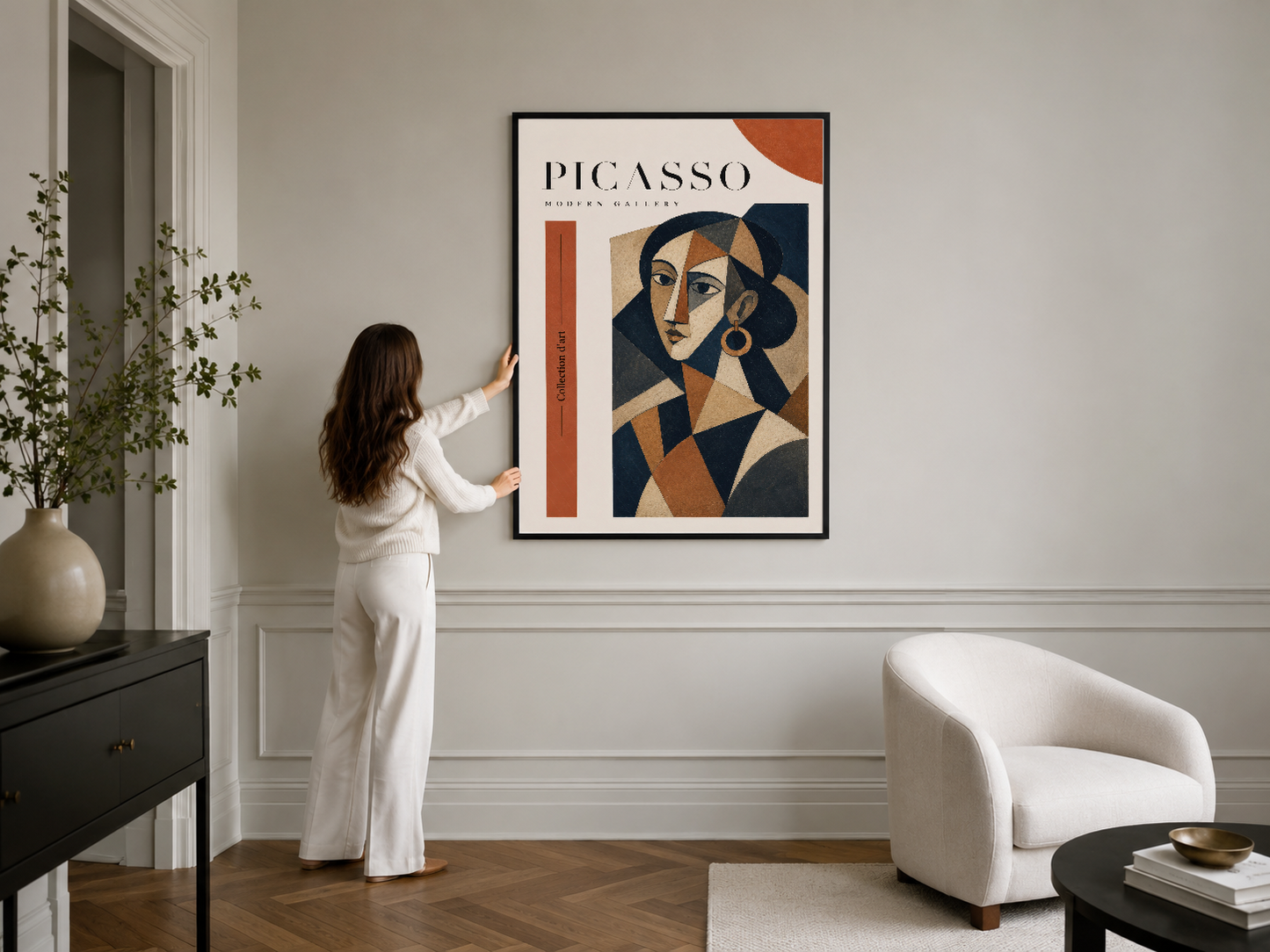 Picasso Modern Gallery posteri, geometrik portre tasarımı, siyah çerçeveli, klasik oturma odasında zarif sanat sunumu.