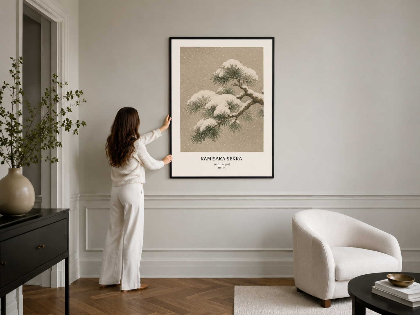 Kamisaka Sekka botanik tablosu, siyah çerçeveli poster olarak şık salon duvarında.