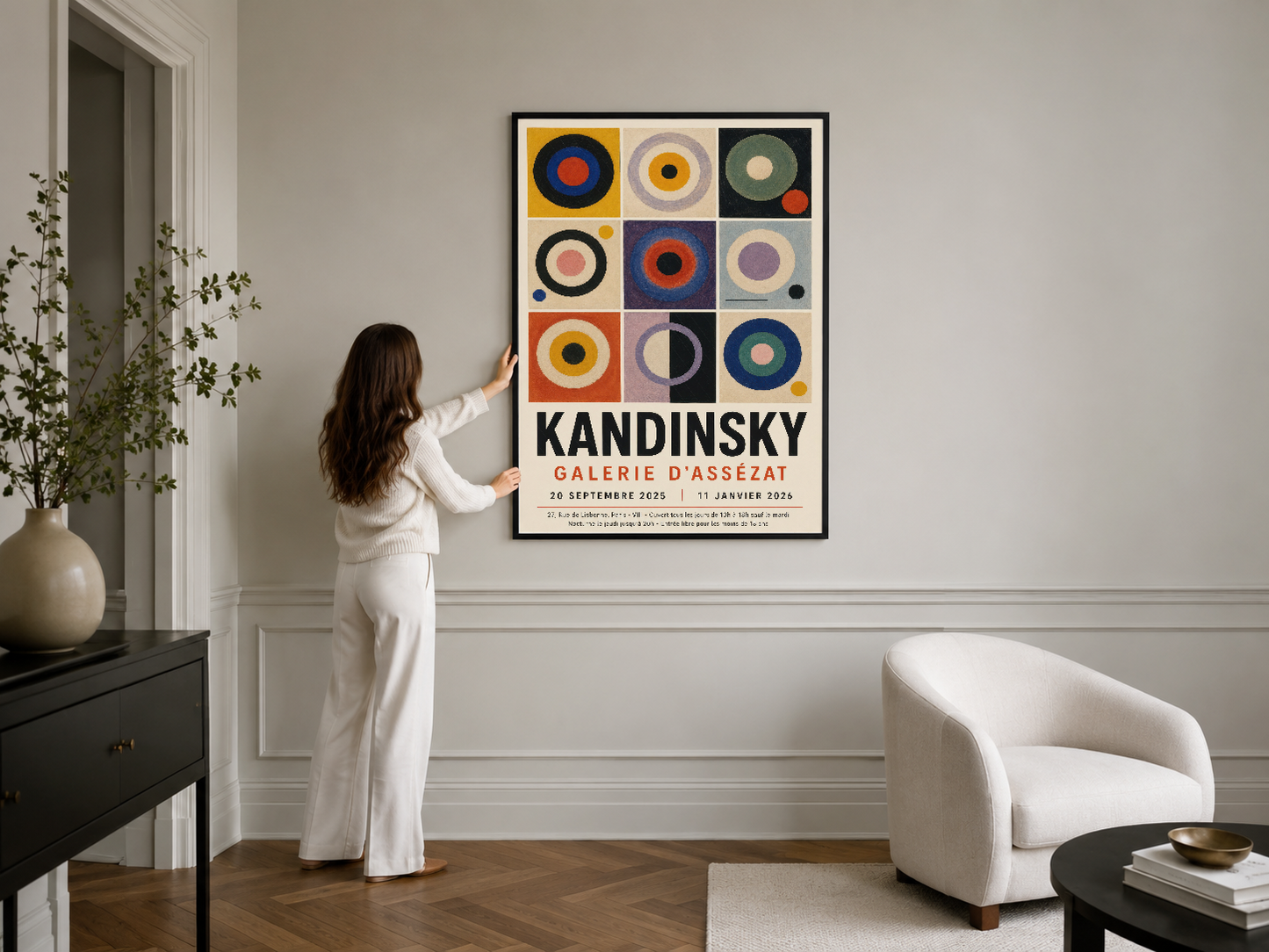 Kandinsky afişi siyah çerçevede, minimalist oturma odasında duvar tablosu olarak sergileniyor.