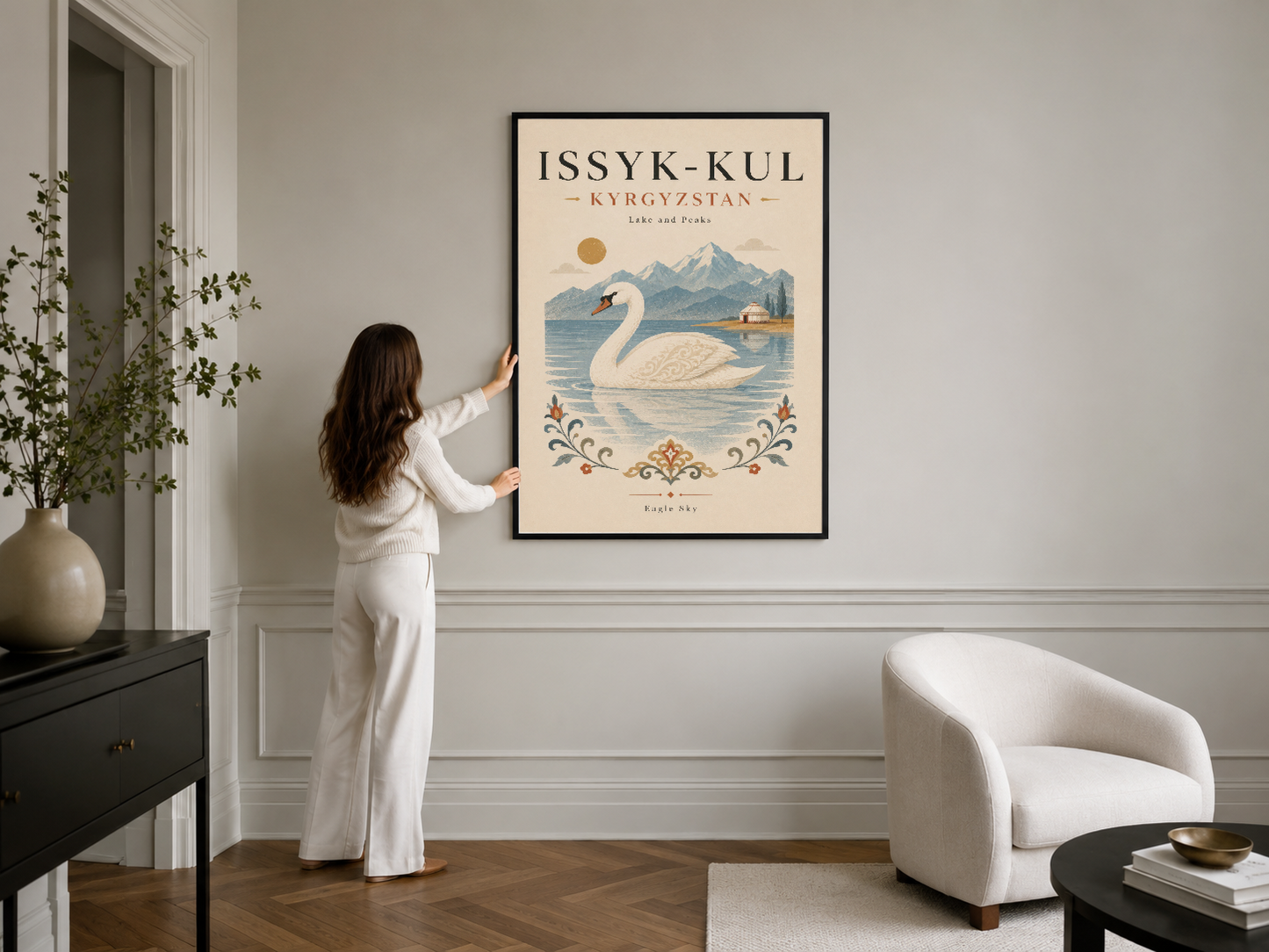 Issyk-Kul Kyrgyzstan poster, siyah çerçeveli vintage tablo, modern oturma alanında.