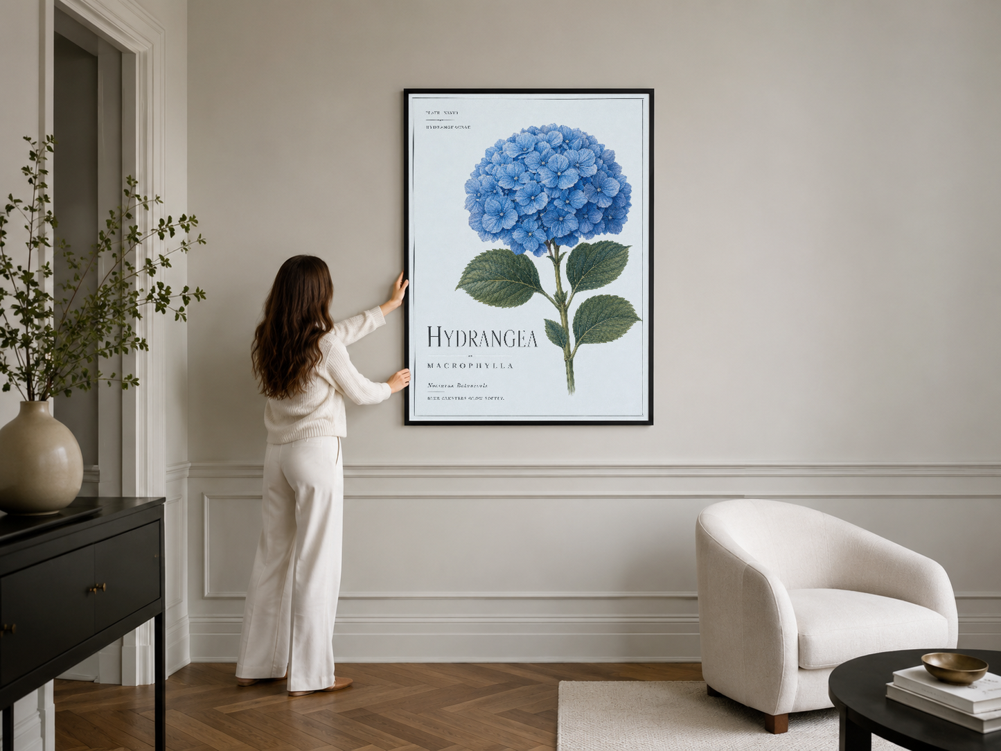 Hydrangea macrophylla duvar tablosu, siyah çerçeveli poster modern oturma odasının şık duvarında.