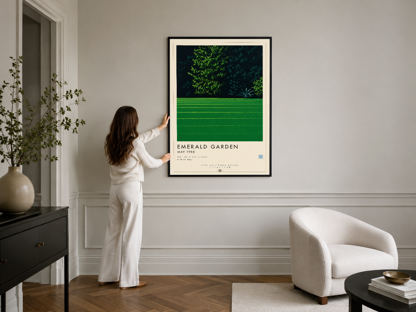 Emerald Garden çerçeveli poster, modern iç dekorasyon stilinde yeşil ve krem renkli minimal geometrik tasarım sunan duvar