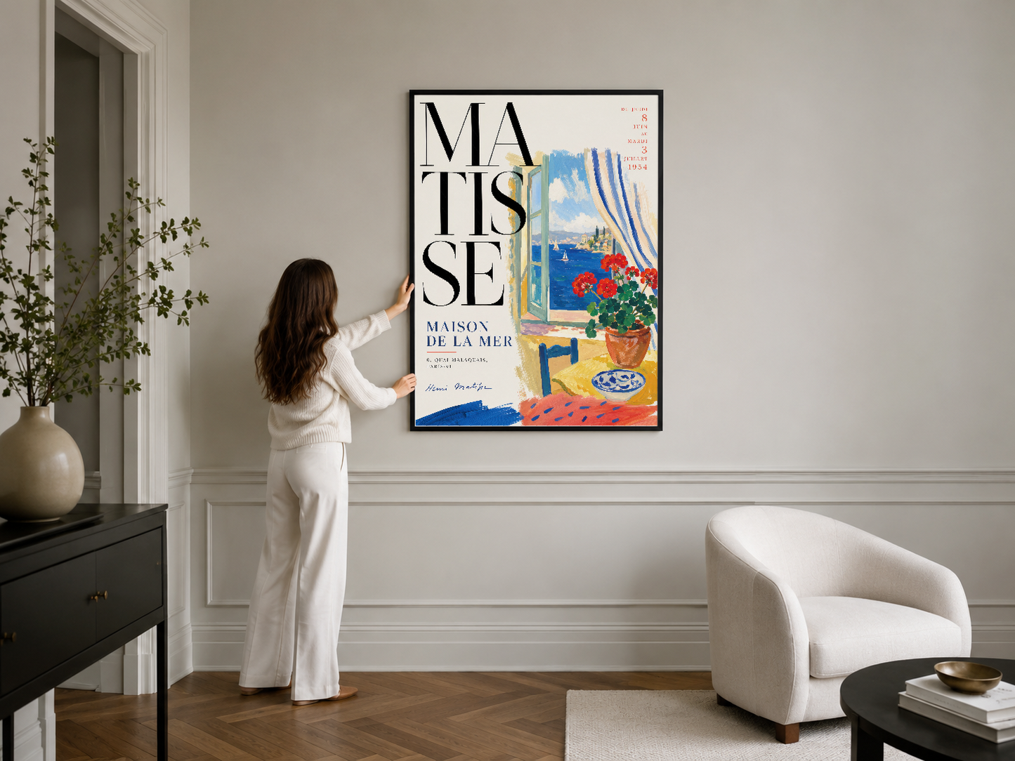 Matisse Maison De La Mer tablosu, şık beyaz iç mekanda siyah çerçeveli sanat posterí.