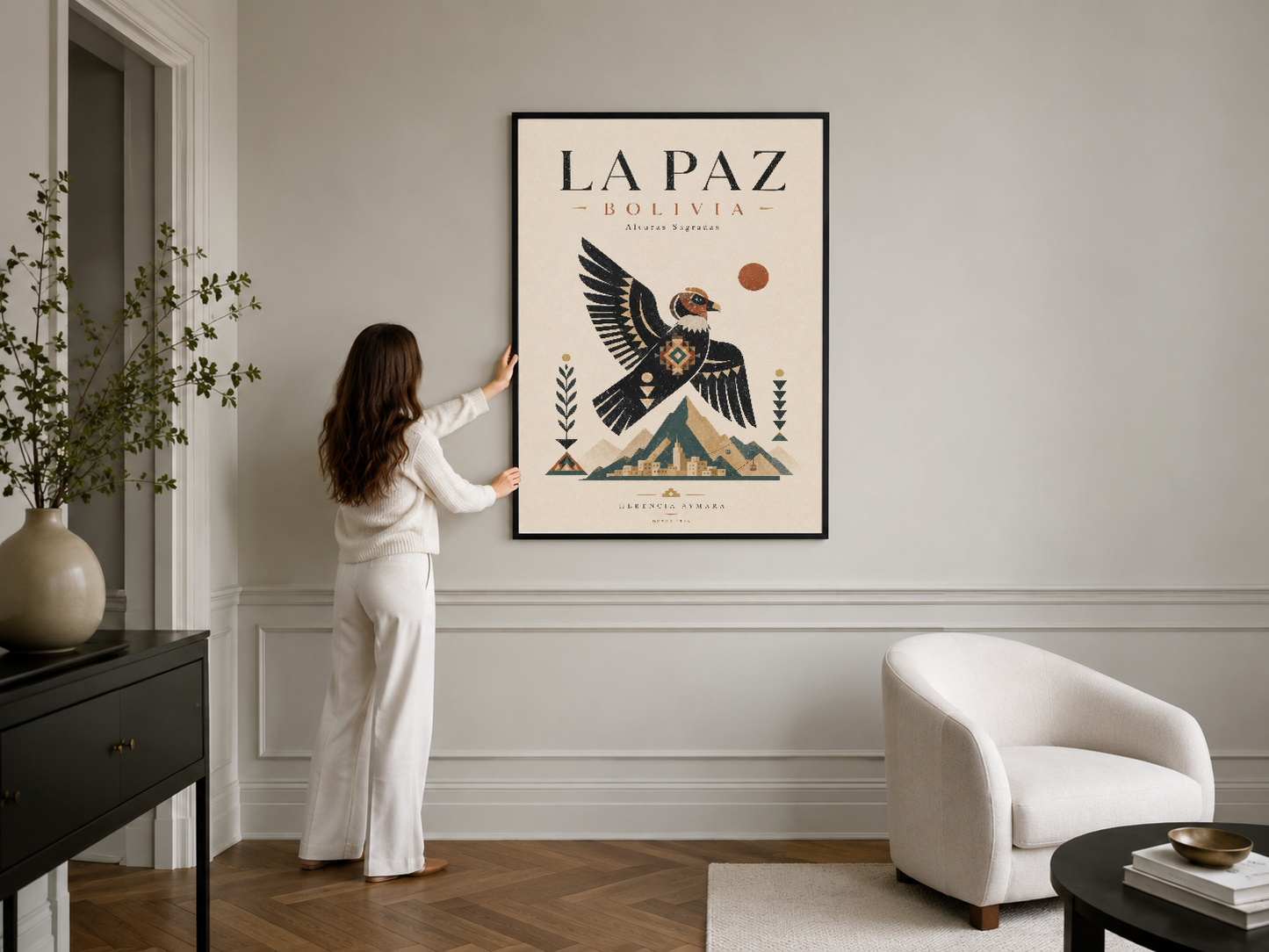 La Paz Bolivia temalı çerçeveli poster, minimalist iç mekanda duvara asılı etnik stilbir sanat eseri.