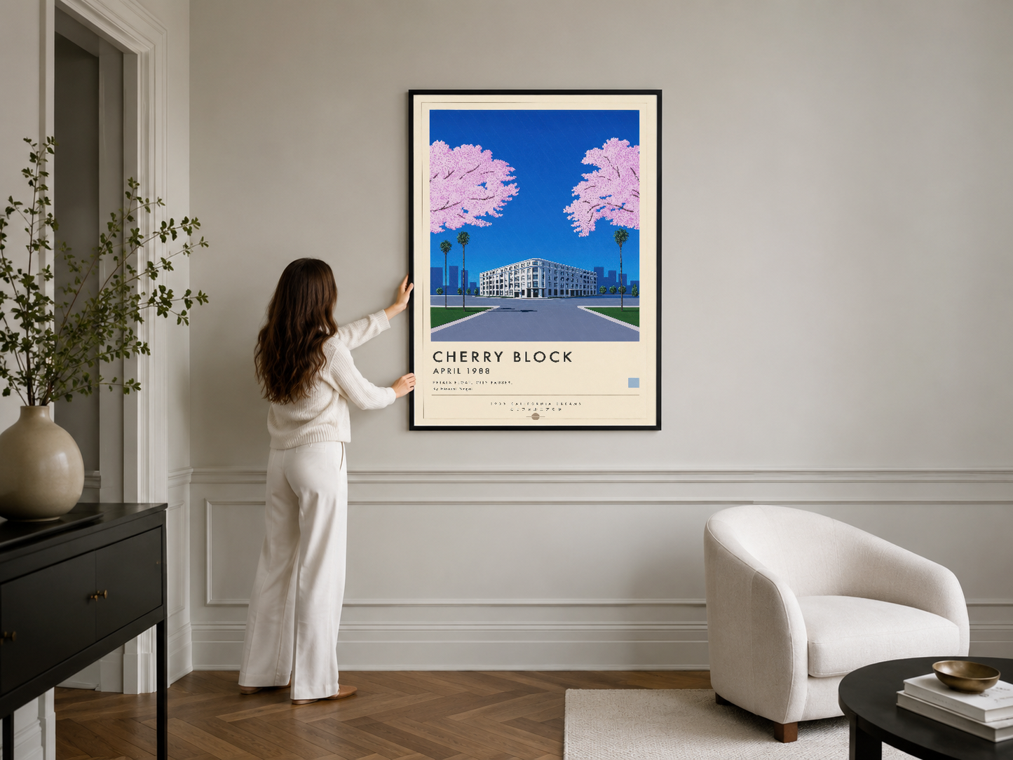 Vintage Cherry Block poster tablosu, siyah çerçevesi ile modern iç dekorasyon aksessuarı.
