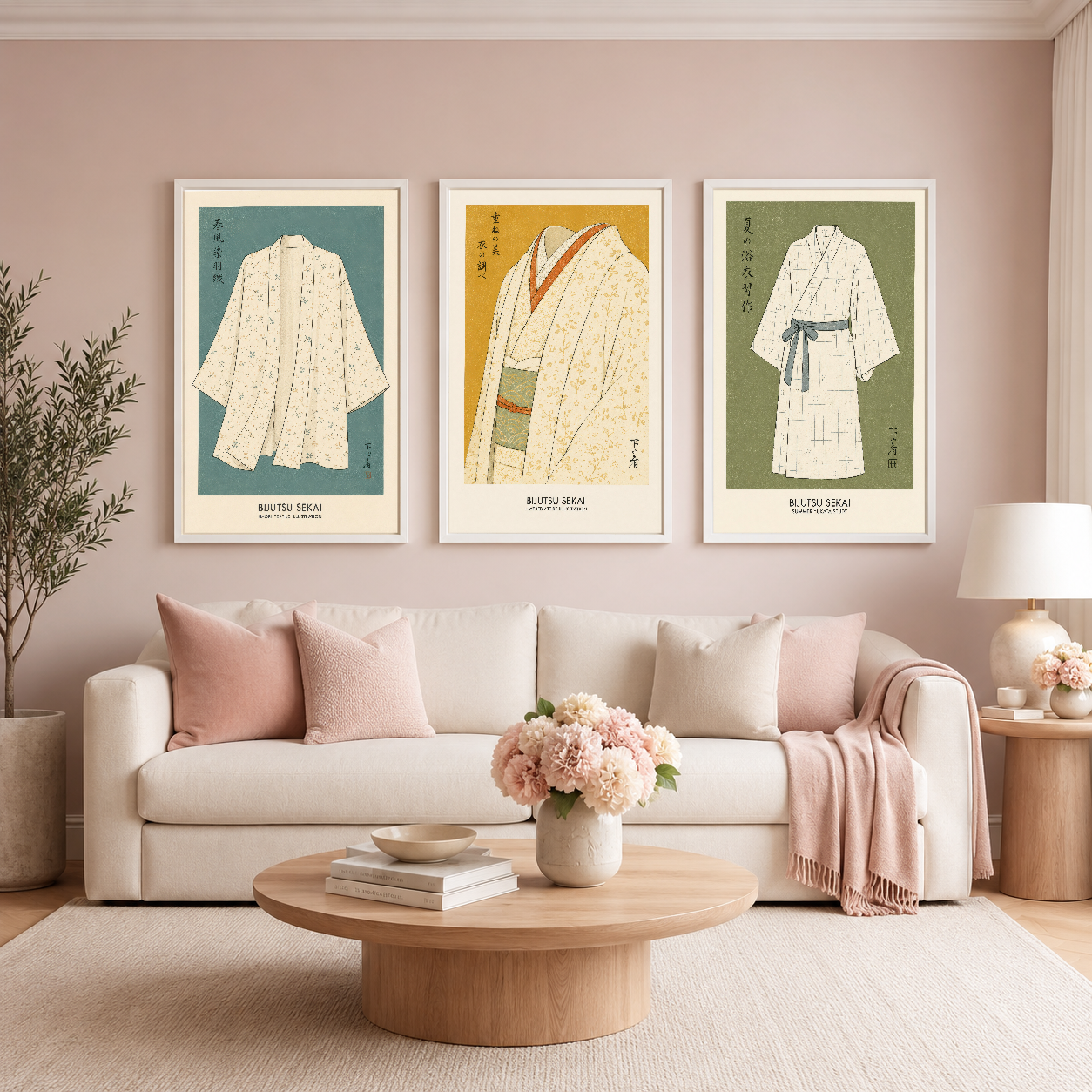 Pembe duvarlı oturma odasında, krem kanepesinin üstünde asılı geleneksel kimono tasarımı üç parçalı tablo.