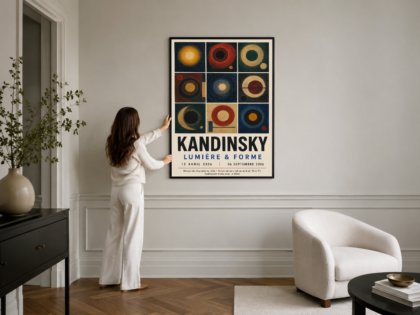 Kandinsky'nin renkli dokuz karelik daire deseni, siyah çerçevede, şık beyaz interior'da duvar sanatı olarak gösteriliyor.