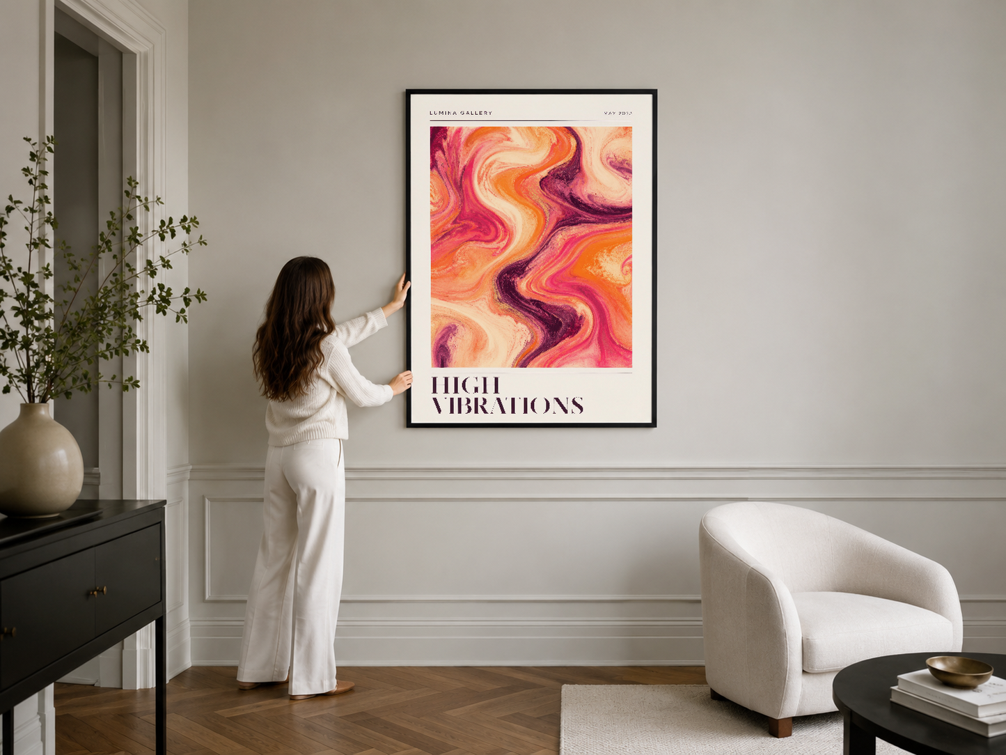 Parlak sıvı renk sanat çalışması, siyah çerçevede, şık salon dekoru için canlı ve enerjik bir seçim.