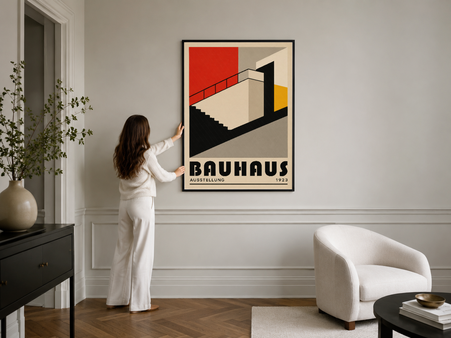 Bauhaus ausstellung posterinin çerçeveli versiyonu; modern tasarım geçmişini sembolize eden kırmızı, sarı ve siyah renkli