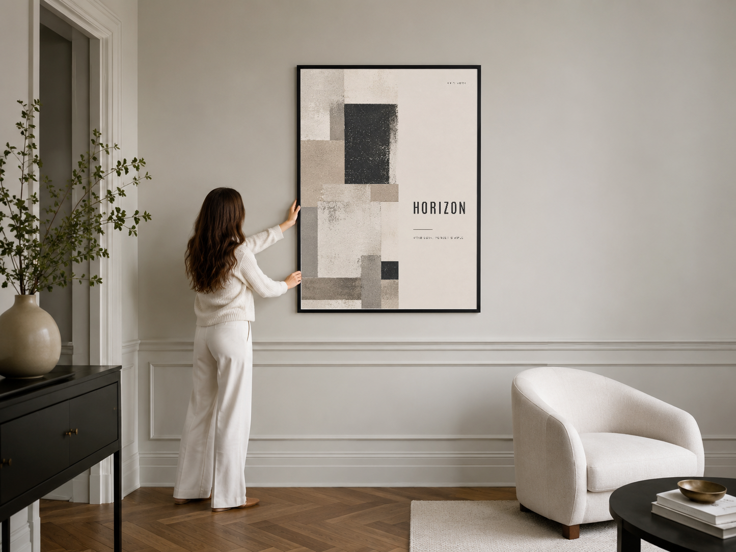 Siyah çerçeveli Horizon sanat eseri, şık ev iç tasarımında duvar dekorasyonu olarak yer alan poster.