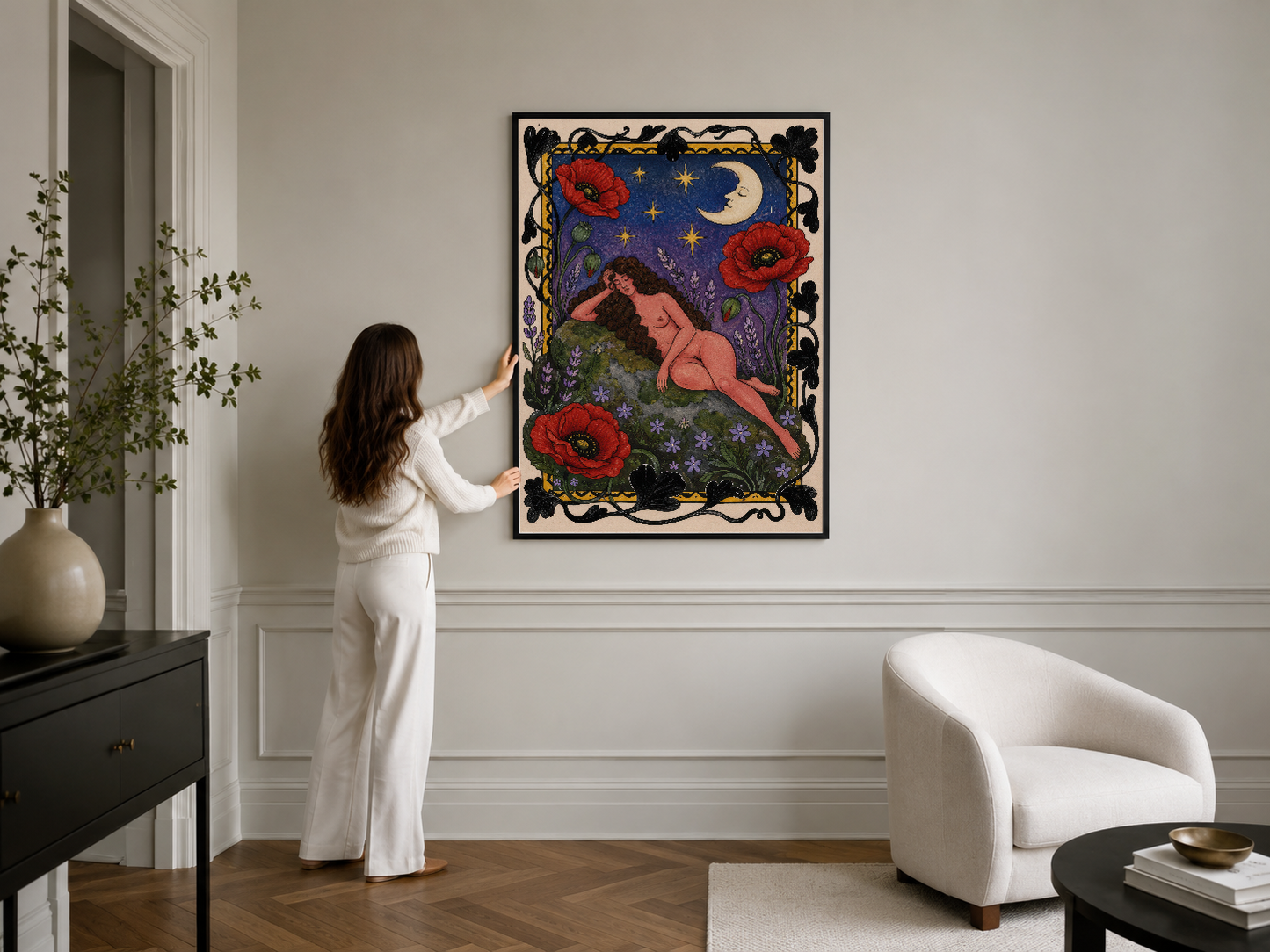 Sanat deco tarzı çerçeveli poster, kırmızı çiçekler ve gece gökyüzü temalı dekoratif baskı.