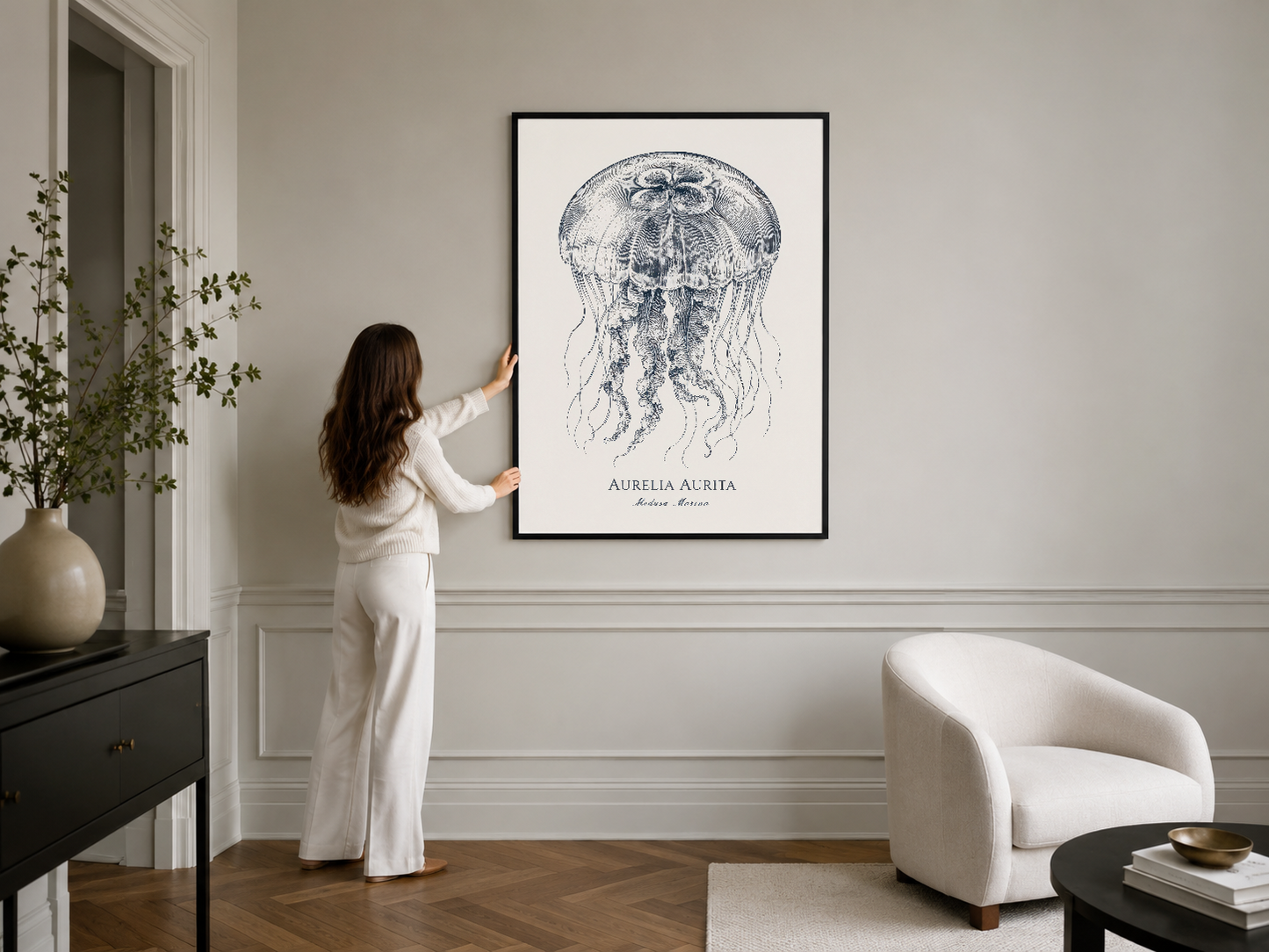Jelifish detay çizimleri gösteren zarif poster, siyah çerçevede modern iç tasarımda duvar dekorasyon olarak.