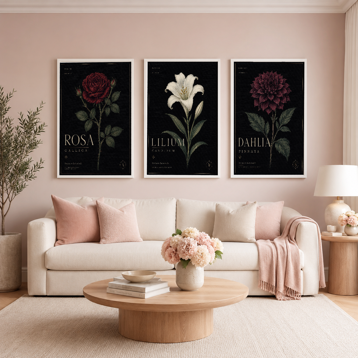 Pembe duvarın üstünde beyaz çerçeveli, zarif çiçek motifleri içeren üç parçalı modern poster seti.
