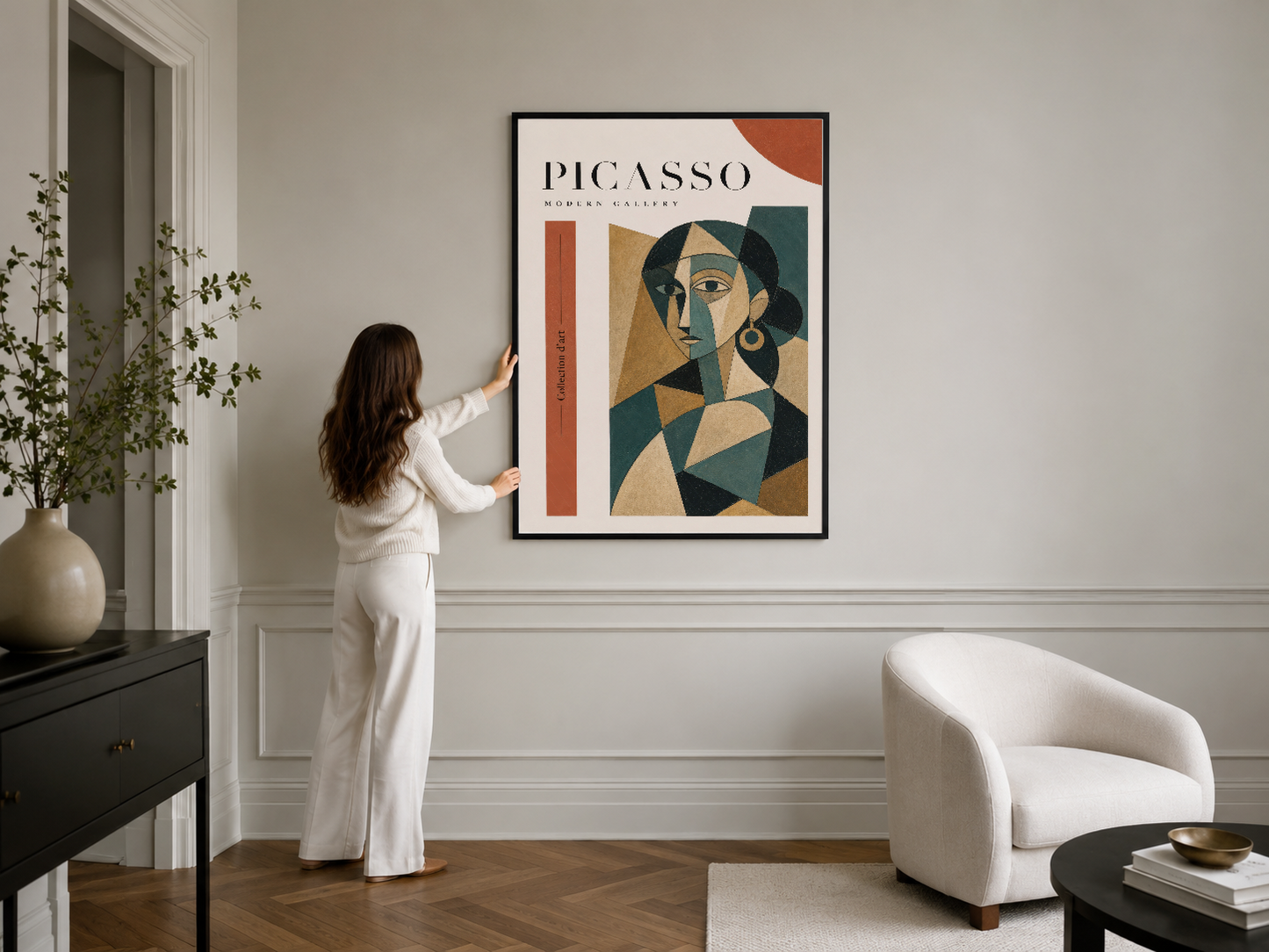 Picasso Modern Gallery sanat tablosu, geometrik yüz çalışması siyah çerçeveli, modern iç mekanda sergileniyor.