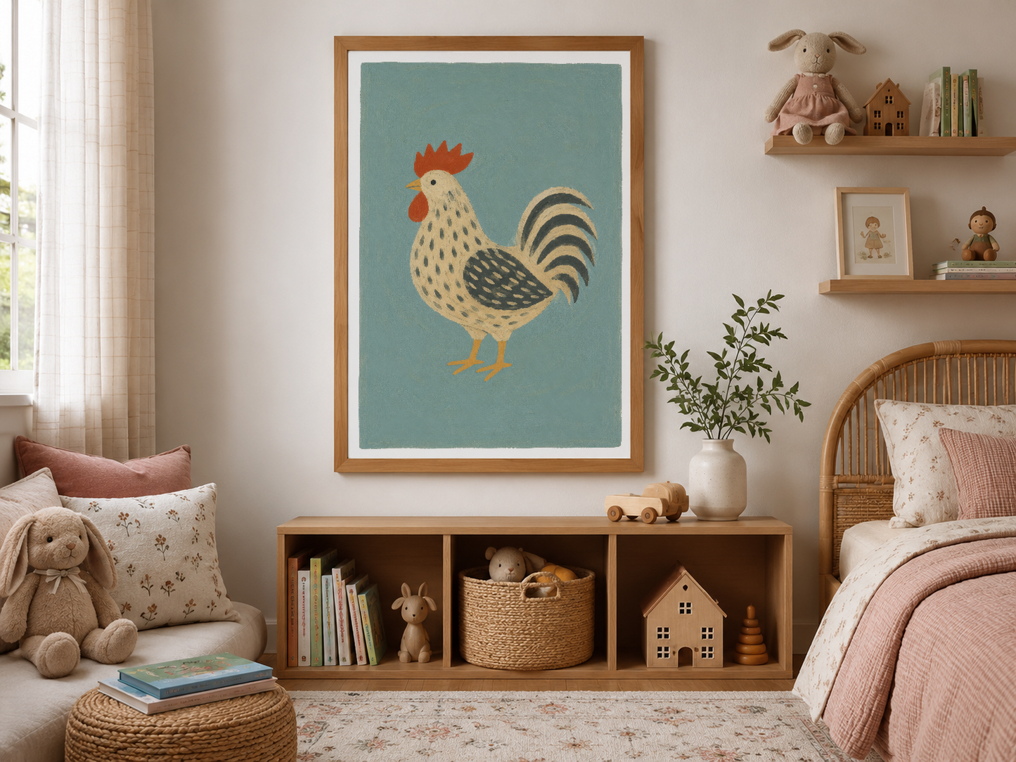 Ahşap çerçeveli retro horoz görseli, çocuk odası duvarında çiftlik konsepti tamamlayan bir sanat parçası.