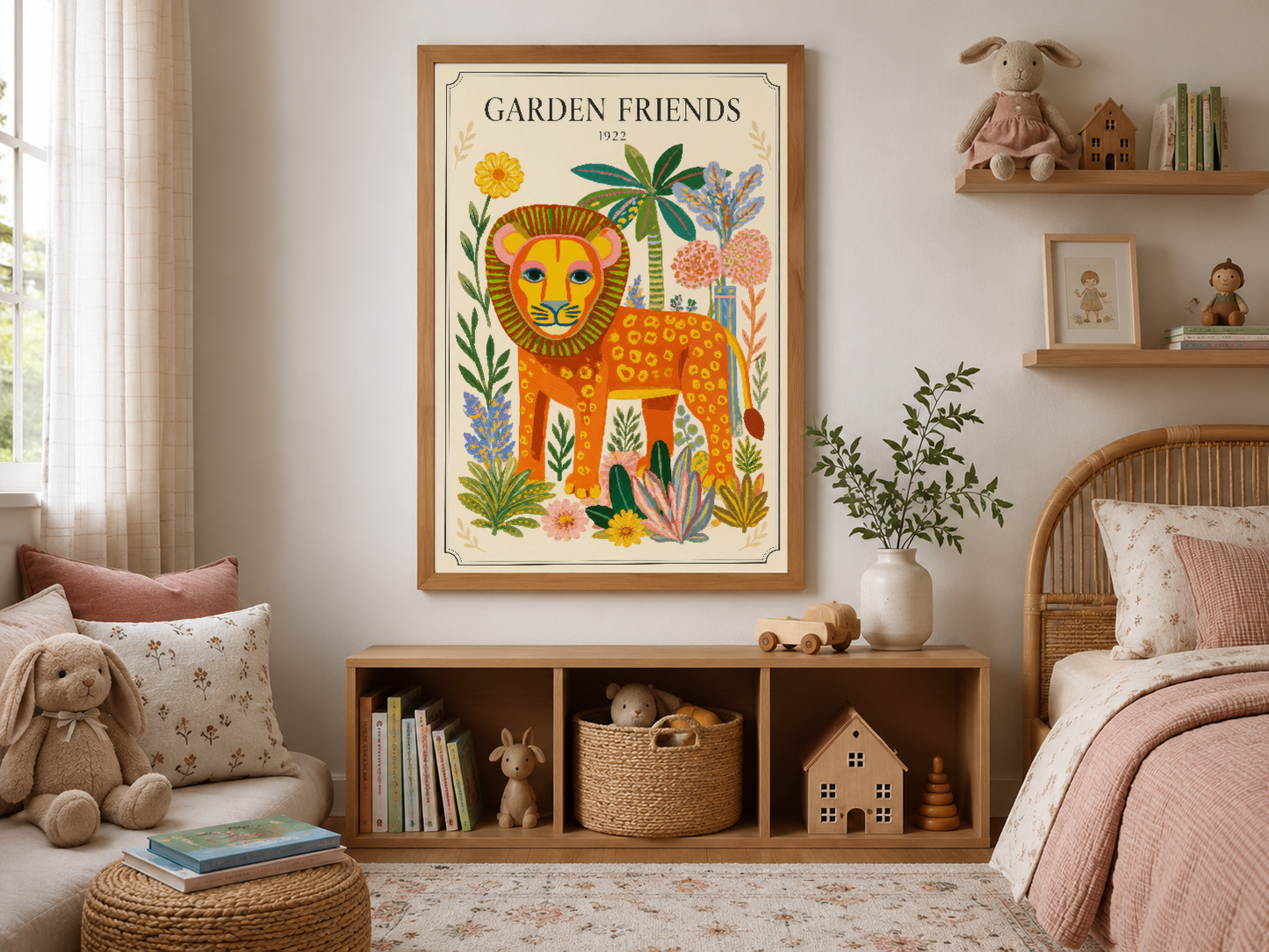 Garden Friends duvar sanatı ahşap çerçevede, rustik çocuk odasının dekoratif merkezinde konumlanmış.