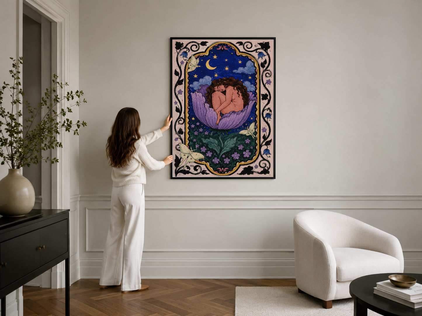 Şık çerçeveli, ay altında uyuyan figürü gösteren, romantik temaların yer aldığı dekoratif duvar sanat eseri.