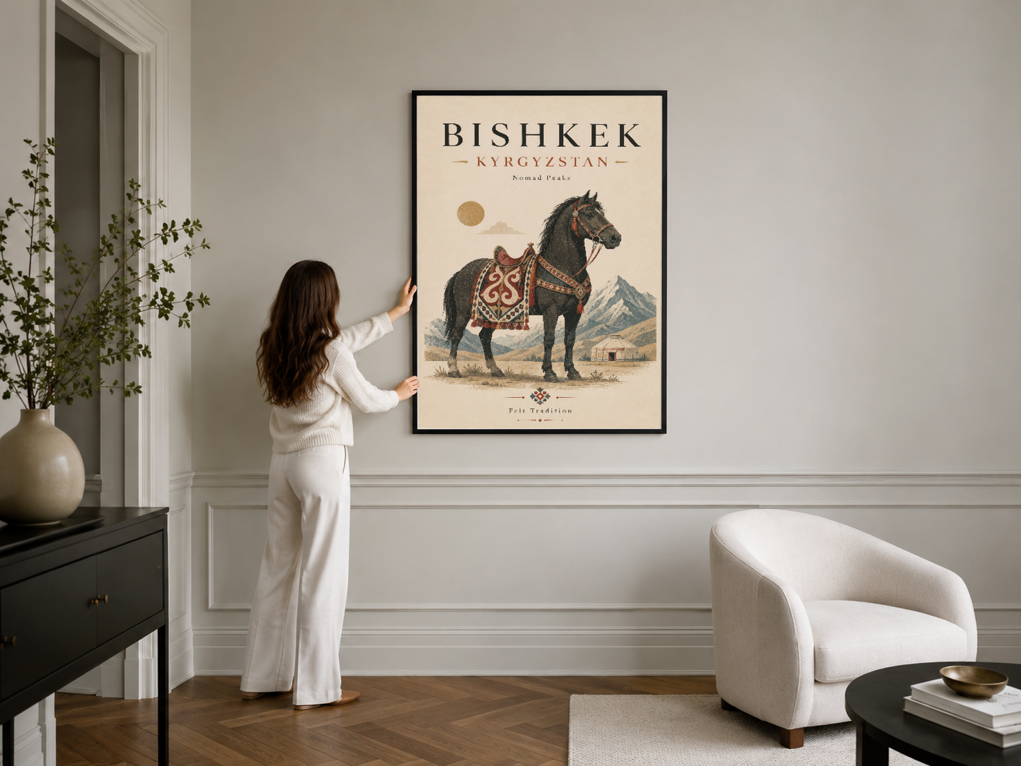 Modern iç mekan duvarında asılı, Bishkek-Kırgızistan yazılı dekoratif at posteri.