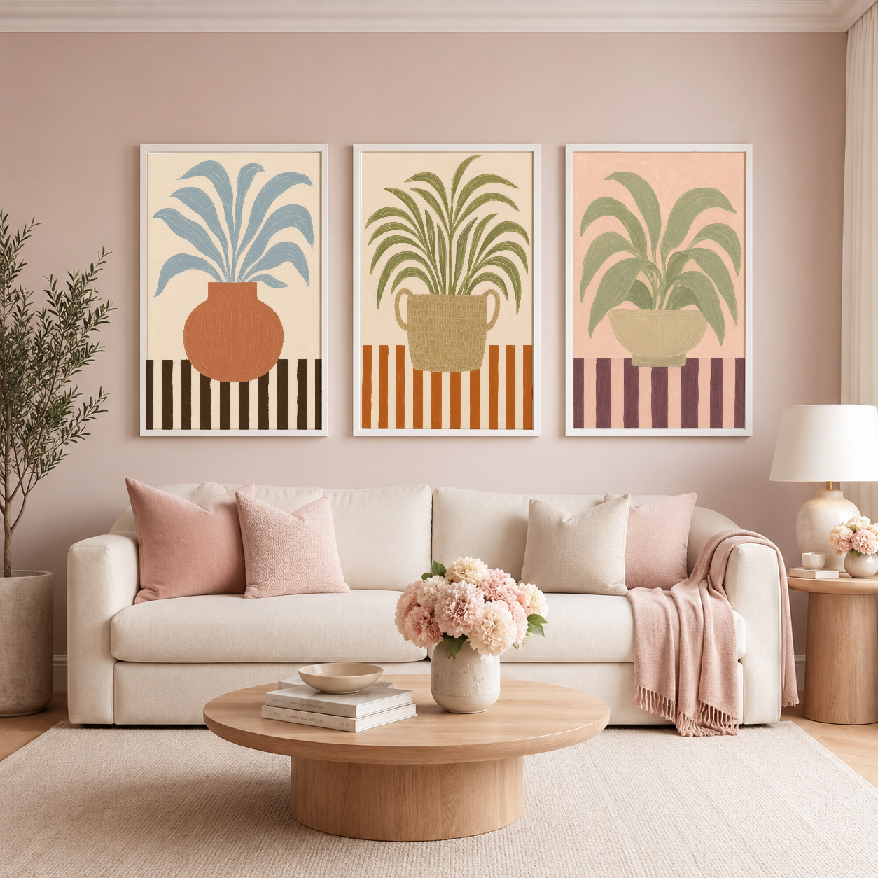 Çağdaş art deco üç panel tablo seti, stilize bitkileri ve pastel renkleri kombinleyerek konforlu oturma odasında sofistike