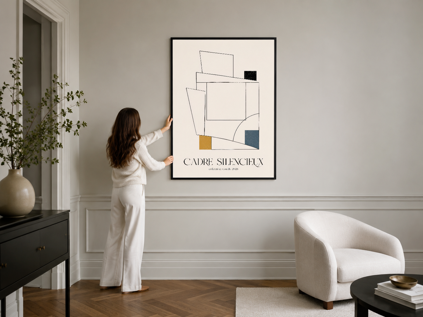 Sade ve şık geometrik baskı, parlak siyah çerçevede çağdaş oturma ortamı için ideal poster.
