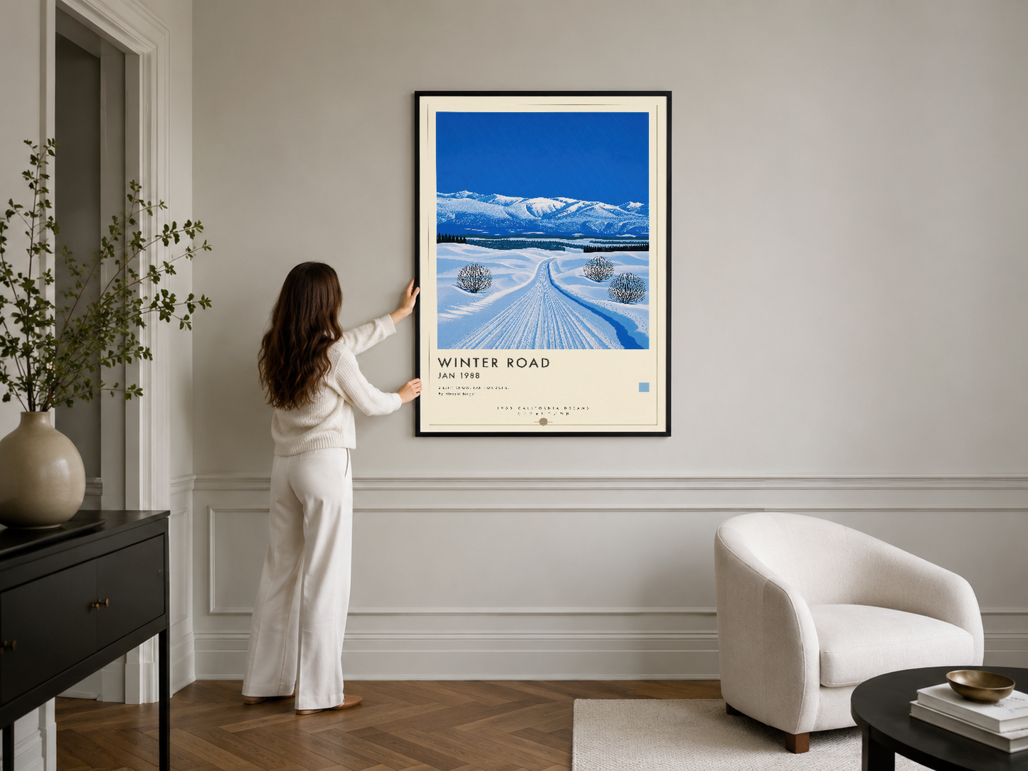 Siyah çerçeveli kar yolu posteri, minimalist iç tasarıma uygun modern duvar dekorasyonu.