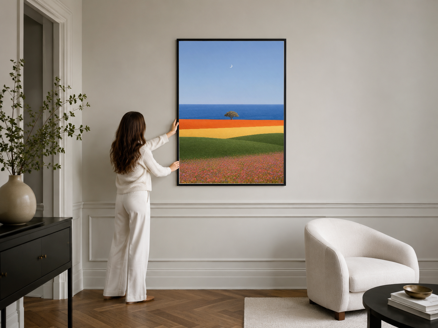 Gözlükçü çerçeveli yapısıyla minimalist tasarımlı kırmızı çiçek tarlası tablosu, şık bir iç mekanda.