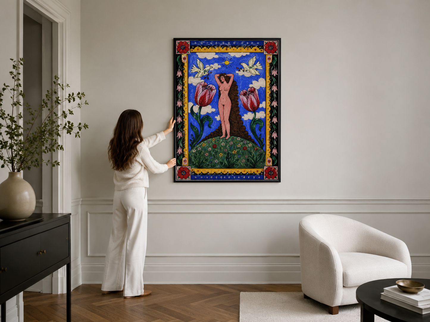 Göz alıcı mavi tonunda figüratif tasarım, çiçek ve altın bordür detayları ile zarif çerçeveli poster.