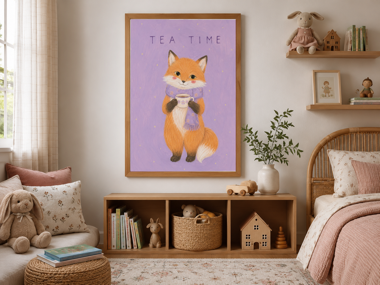 Doğal ahşap çerçeveli, mor arka fundal üzerinde çay içen sevimli tilki grafik poster.