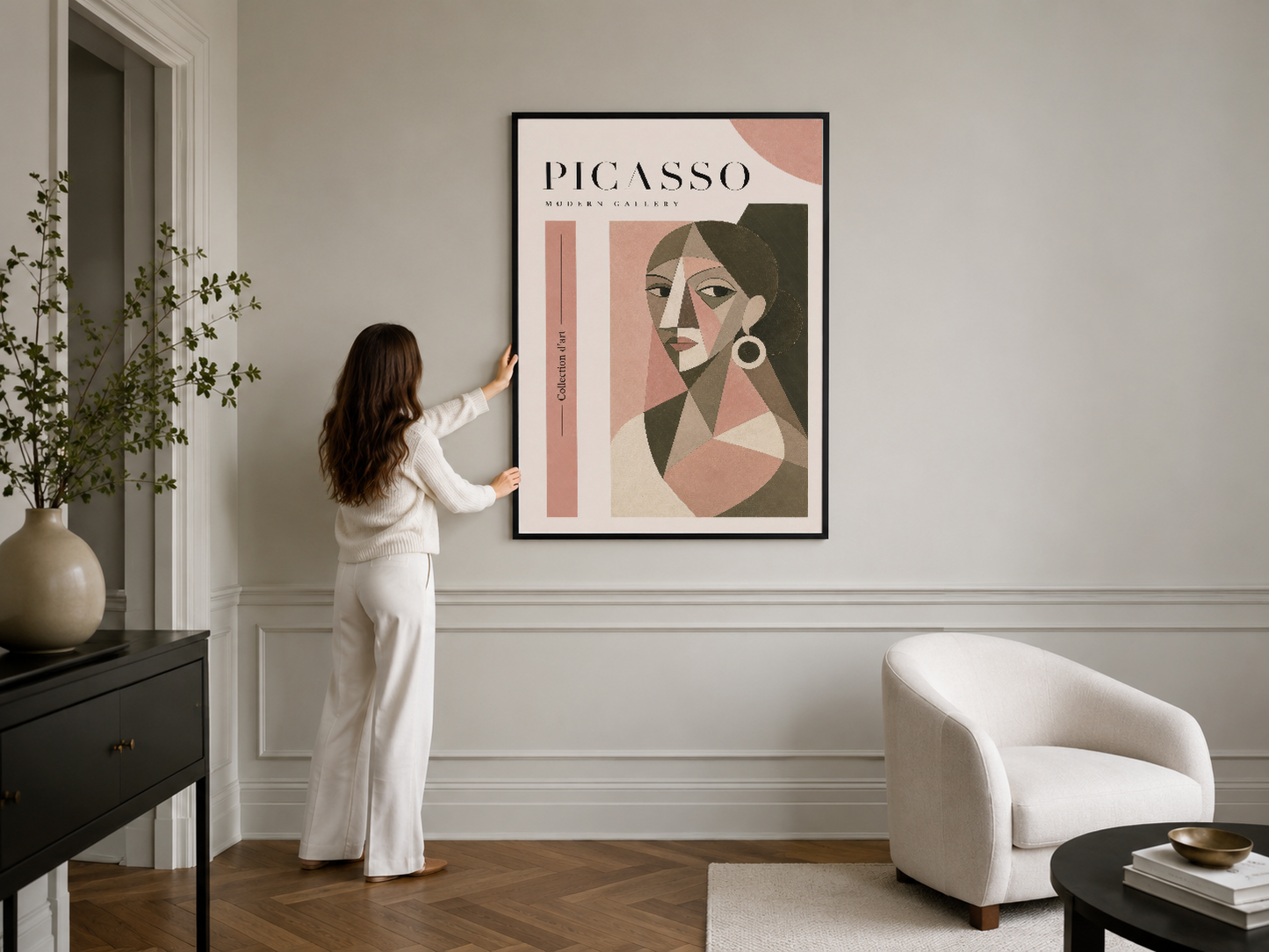 Picasso Modern Gallery posteri siyah çerçevede, minimalist figür sanatı, modern iç mekanda klasik duvar dekorasyonu.
