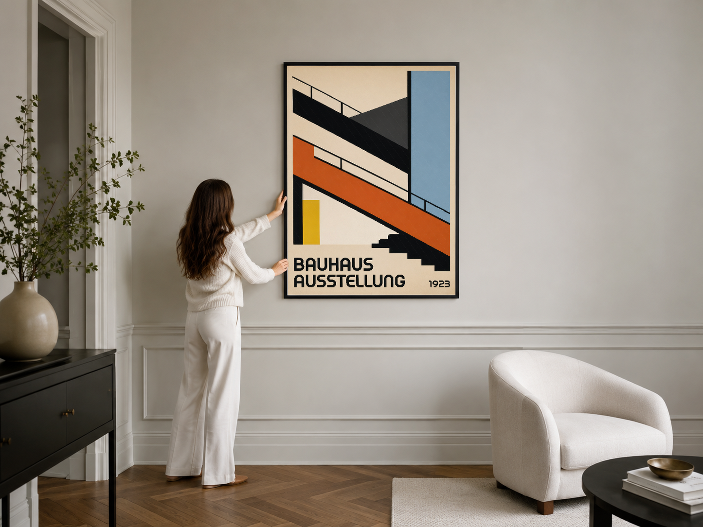 Geometrik Bauhaus 1923 tasarım tablosu, siyah çerçeveli versiyon minimalist modern dekorasyonda.