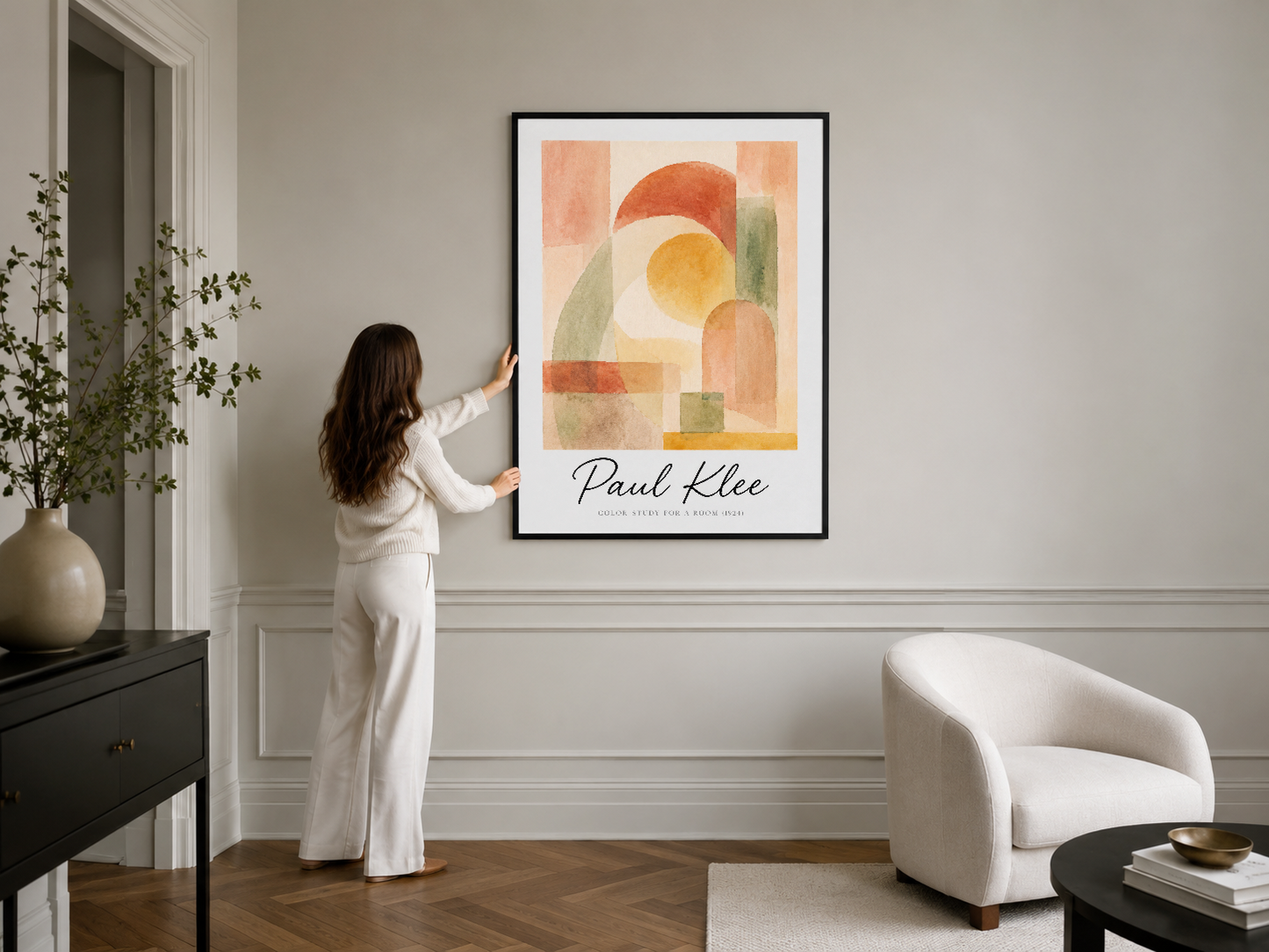 Yumuşak pastel renkleri ve organik formlarıyla başlı başına bir sanat parçası, şık siyah çerçeveli poster.
