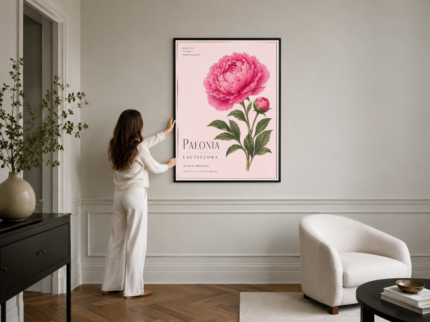 Zarif pembe peonya sanat tablosu, siyah çerçeveli, minimalist iç dekorasyonda şık bir duvar süslemesi.